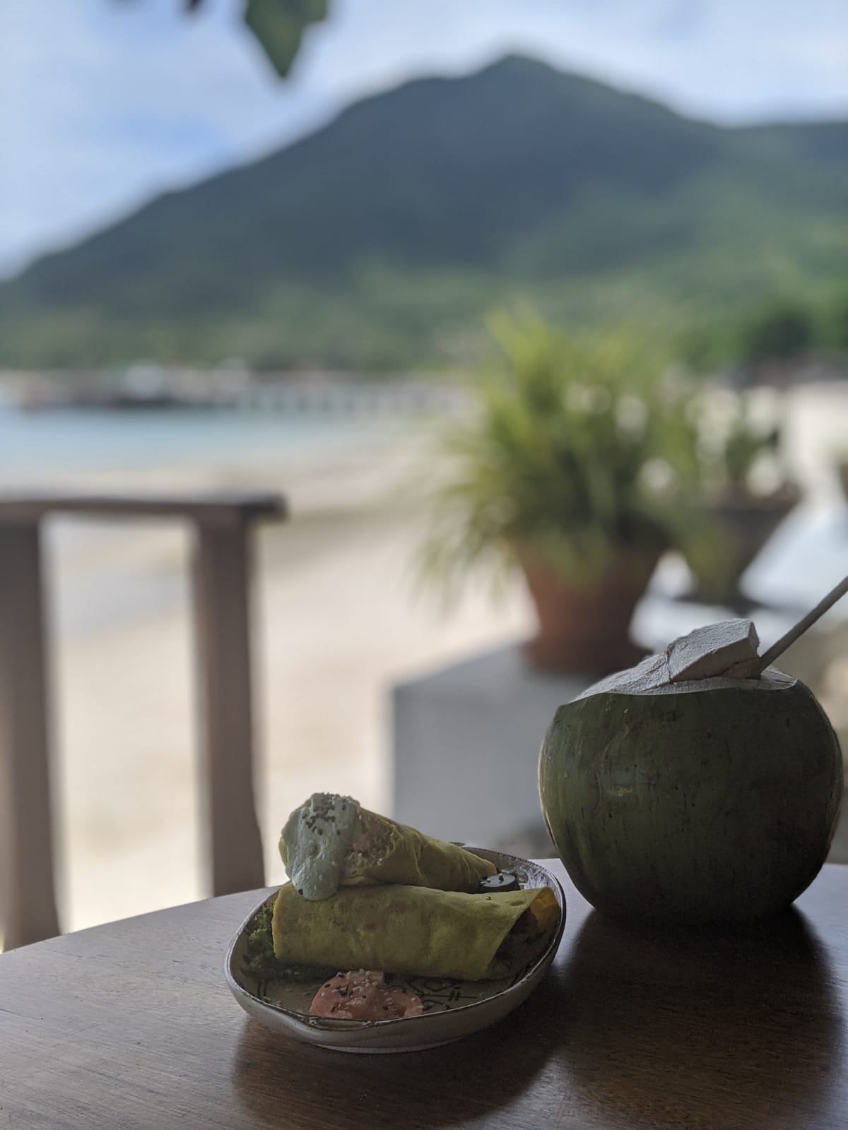 A fresh coconut and a small plate of food on a table with mountain views at Foods & Roots in Chaloklum, Koh Phangan