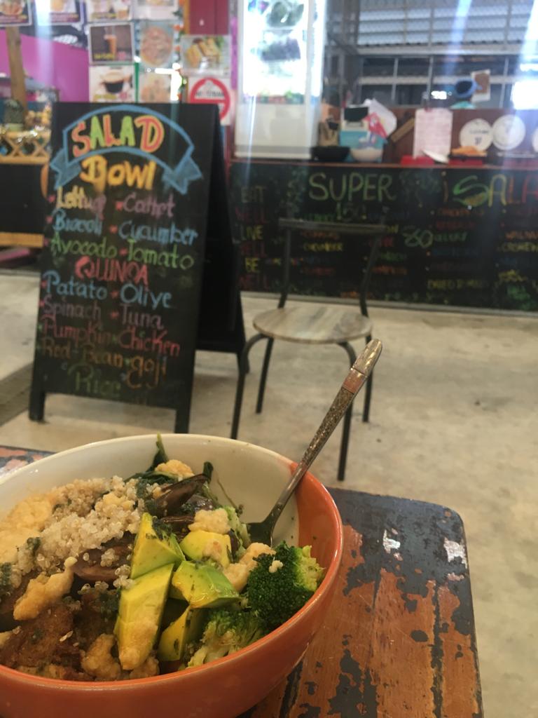 Vegan salad bowl with avocado and greens at Super Salad Bowl in Thong Sala, Koh Phangan