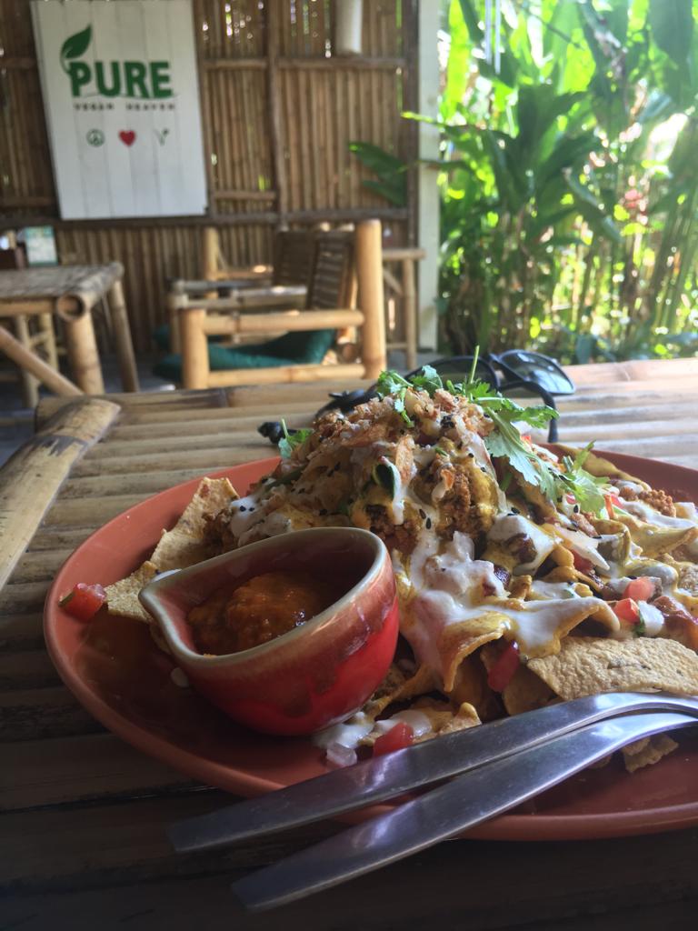 Plate of vegan nachos with salsa at Pure Vegan Heaven, Koh Phangan